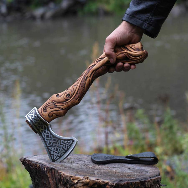 Custom Handmade Carbon Steel Viking Style Mermaid Handle Axe with Wooden Box
