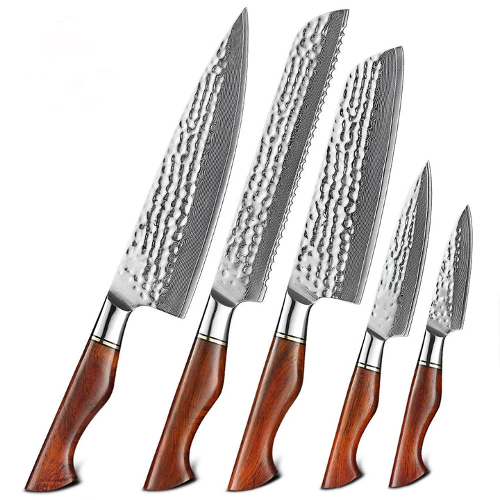 The Amaranthus Custom Hand-Forged Damascus 5-Piece Kitchen Knives Set & Wood Handle
