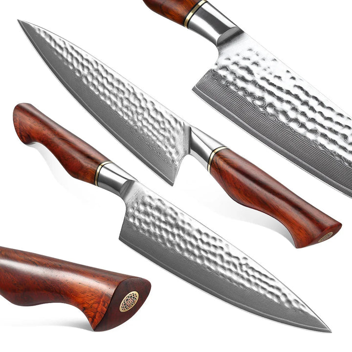 The Amaranthus Custom Hand-Forged Damascus 5-Piece Kitchen Knives Set & Wood Handle