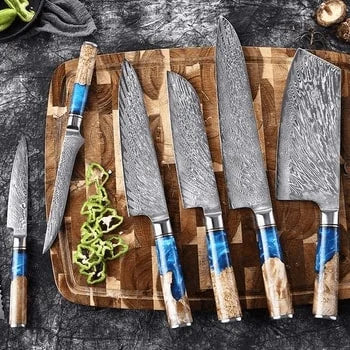 The Iris Forged High Quality Damascus 7 Piece Kitchen Knife Set & Leather Sheath