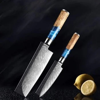 The Iris Forged High Quality Damascus 7 Piece Kitchen Knife Set & Leather Sheath