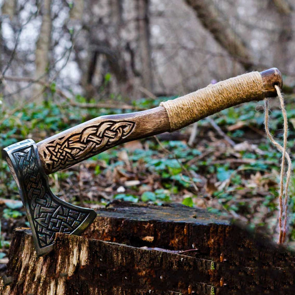 Celtic Wood Carving Handle Viking Axe | Battle Axe For Camping | Wedding Gift, Anniversary Gift, Best Gift For Him