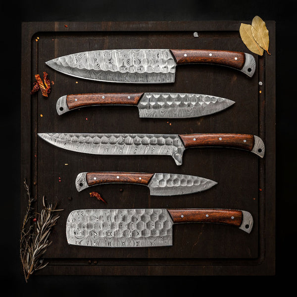 Hand Forged Damascus Steel Chef Set Of 5 Knives