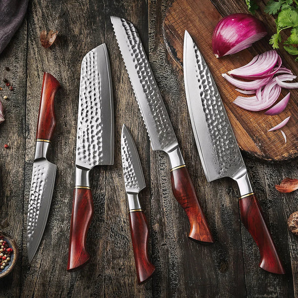 The Amaranthus Custom Hand-Forged Damascus 5-Piece Kitchen Knives Set & Wood Handle