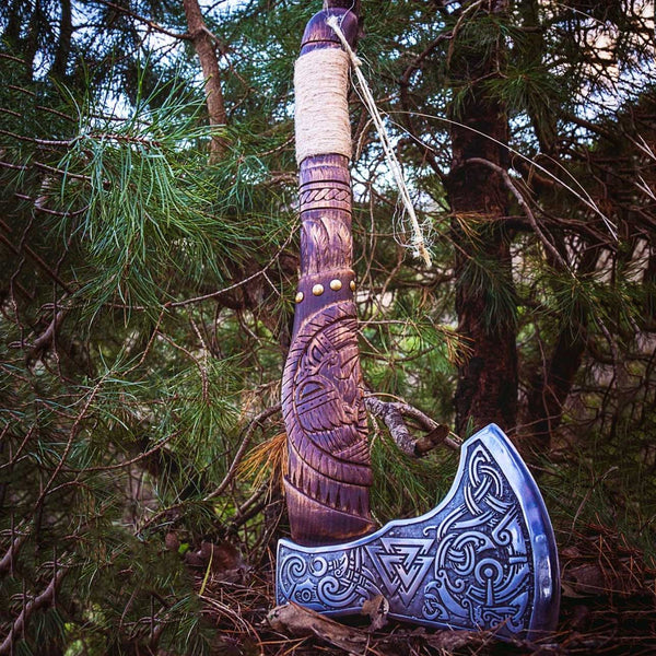 Celtic Valknut Viking Axe With Wood Carving Handle | Scorpion Mart