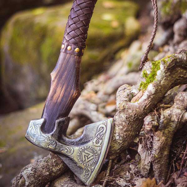 Custom Hand Forged Odin Valknut Symbol Etched Carbon Steel Viking Axe with Leather Sheath | Best Gift For Him